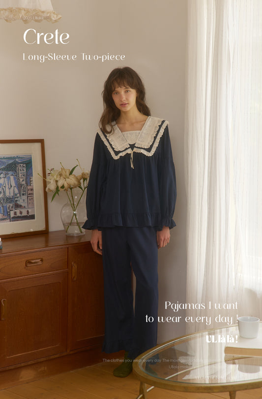 ULLALA Crete navy blue lace-trim homewear sleep set