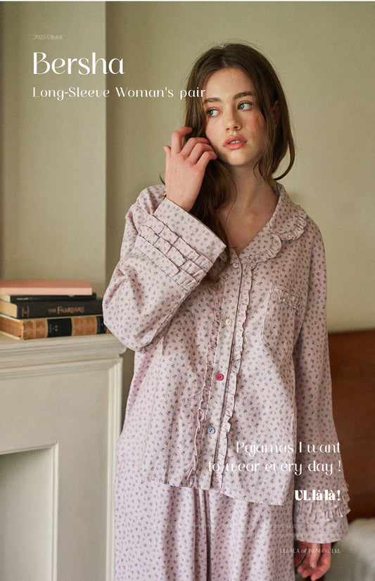 ULLALA BershaV long-sleeve homewear pajama set in lavender with ruffle details
