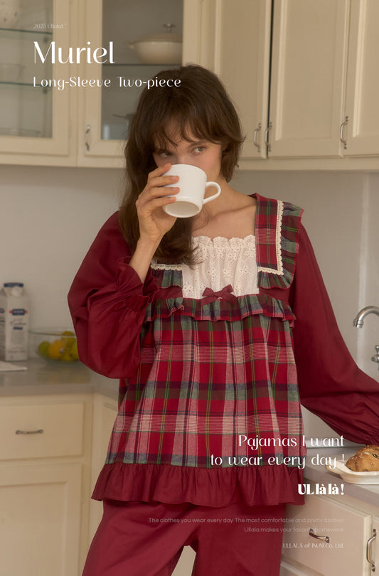 ULLALA Muriel long-sleeve homewear pajama set in burgundy with plaid pattern