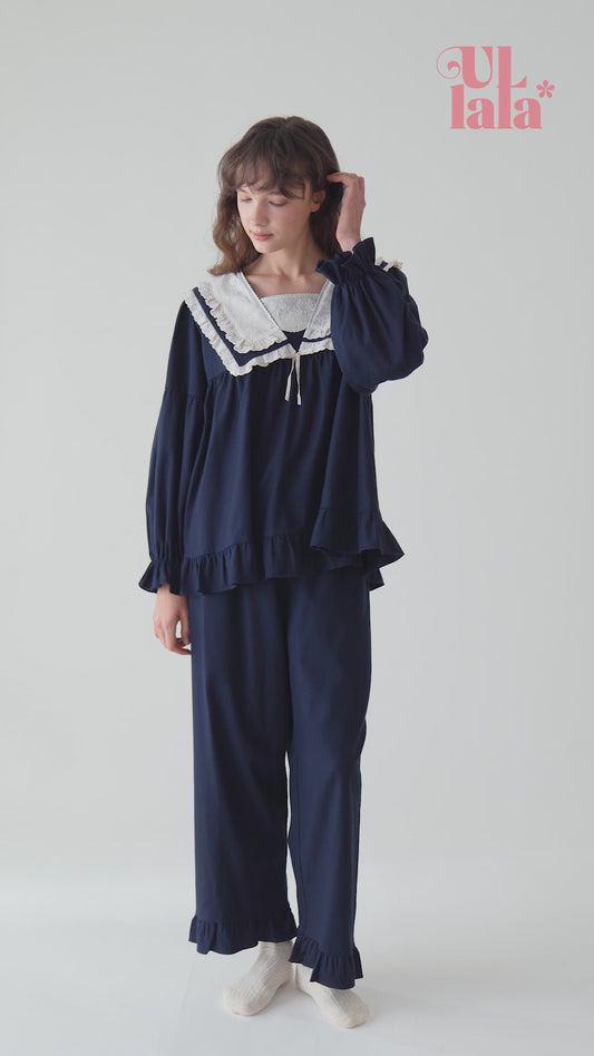 ULLALA Crete navy blue lace-trim homewear sleep set