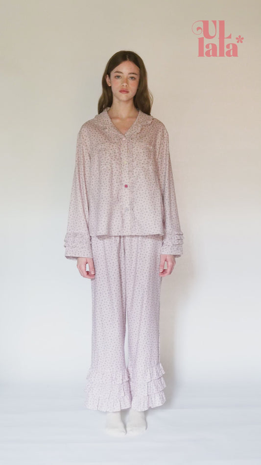 ULLALA BershaV long-sleeve homewear pajama set in lavender with ruffle details