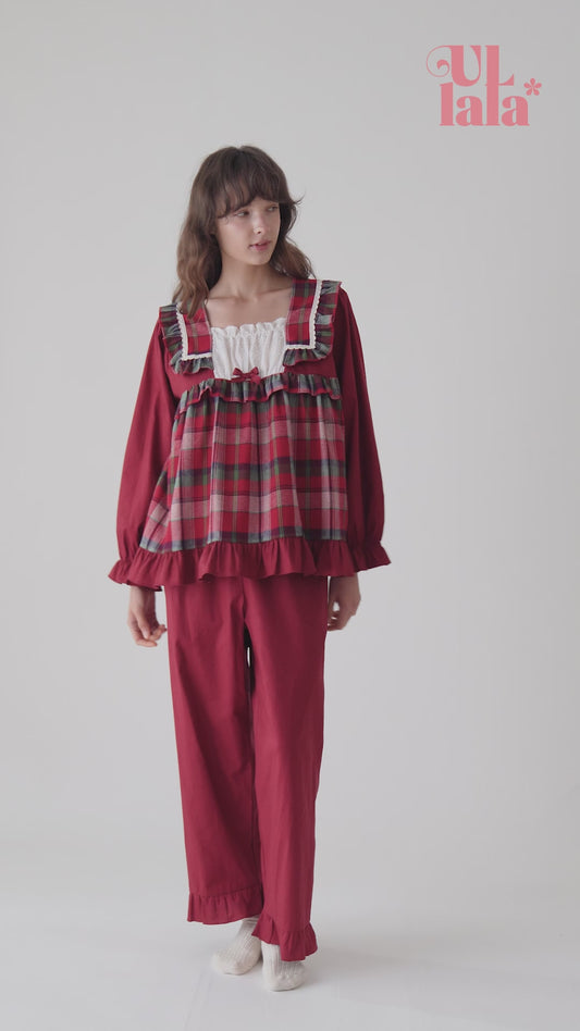 ULLALA Muriel long-sleeve homewear pajama set in burgundy with plaid pattern
