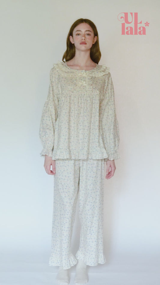ULLALA Renia long-sleeve homewear pajama set in cream with elegant patterns